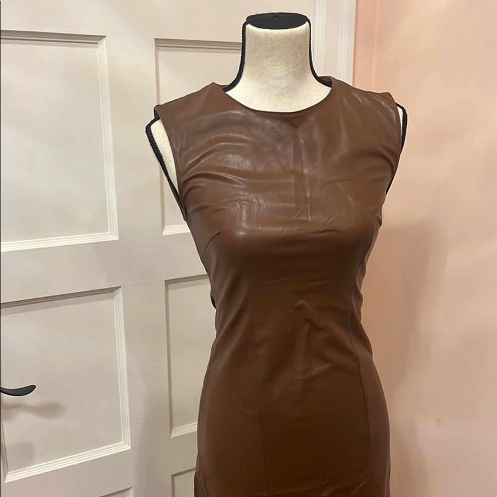 NEVER WORN Non- Sticky Brown Sleeveless Faux Leather Dress